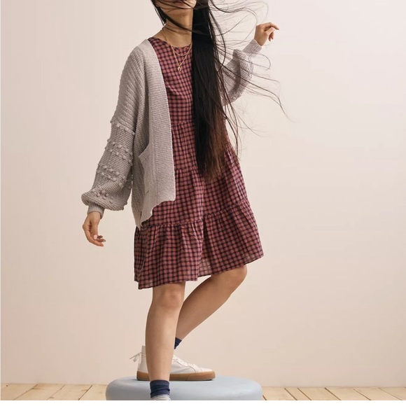 Madewell Short-Sleeve Tiered Mini Dress in Gingham Check - Picture 1 of 6